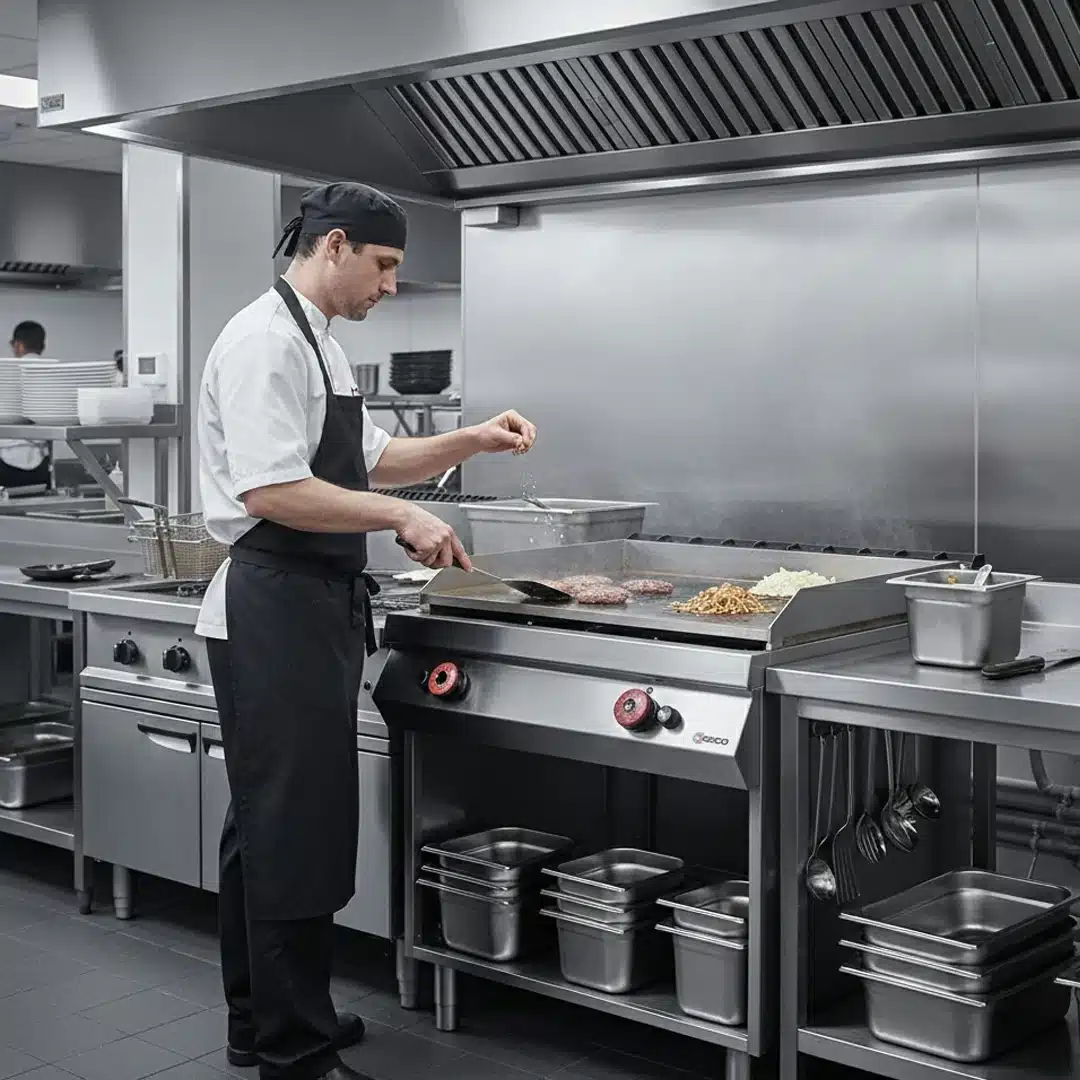 Fry top gaz, plaque lisse, sans porte, profondeur 900