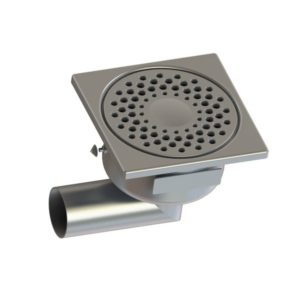 Siphon en acier inox avec prise de terre, 150 x150 mm, sortie latérale, Ø 50 mm