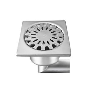 Siphon en acier inox avec prise de terre, 200 x 200 mm, sortie latérale, Ø 63 mm