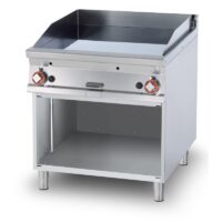 Fry top gaz plaque acier 1/2 lisse 1/2 rainurée chrome 18  kW sur meuble ouvert