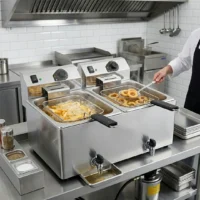 Friteuse de table électrique avec vidange double turbo acier inox 2 x 8 L