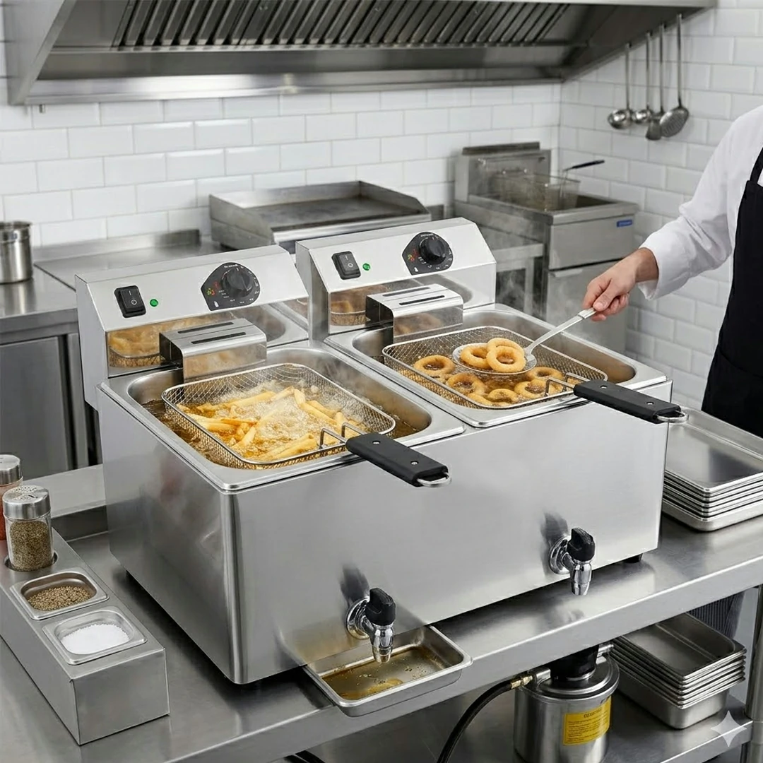 Friteuse de table électrique avec vidange double turbo acier inox 2 x 8 L