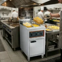 Friteuse gros volume sur coffre électrique avec vidange 2 cuves 2 x 10 L