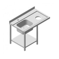 Table d'entrée avec 1 bac a gauche, 2 pieds, lave vaisselle à droite, longueur 1200 mm