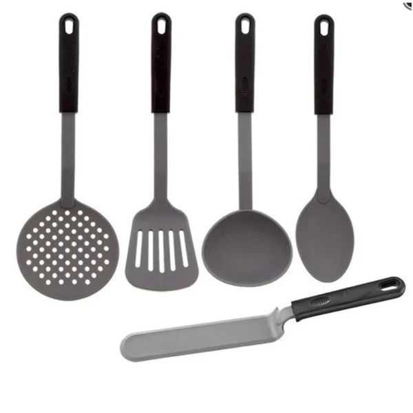 Set de 5 ustensiles: spatule, écumoire, louche, pelle et cuillère à sauce