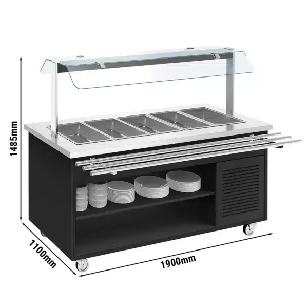 Chariot de buffet froid noir 5 x GN1/1 L 1900 x P 1100 x H 1485 mm avec trémie pour plateaux – Image 2