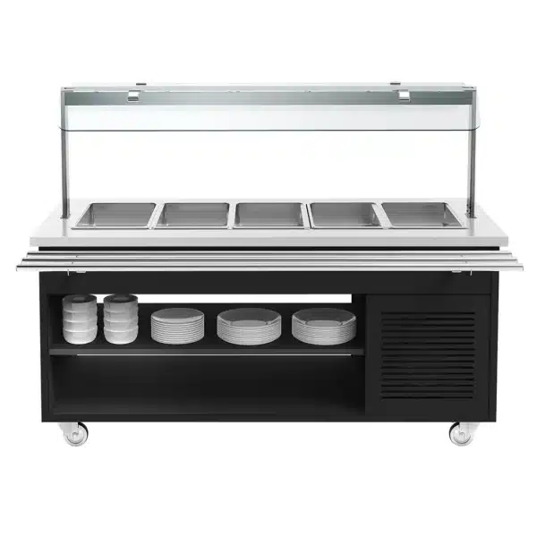 Chariot de buffet froid noir 5 x GN1/1 L 1900 x P 1100 x H 1485 mm avec trémie pour plateaux – Image 3