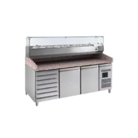 Meuble de préparation pizzas dessus granit avec vitrine réfrigérée - 2 portes + 7 tiroirs