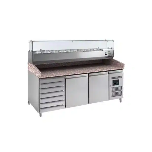 Meuble de préparation pizzas dessus granit avec vitrine réfrigérée - 2 portes + 7 tiroirs