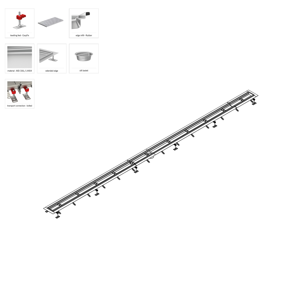 Caniveau piscine inox 316 L 5300 x 125 mm sortie verticale centrée 110 grille pérforée A15 sur mesure – Image 2