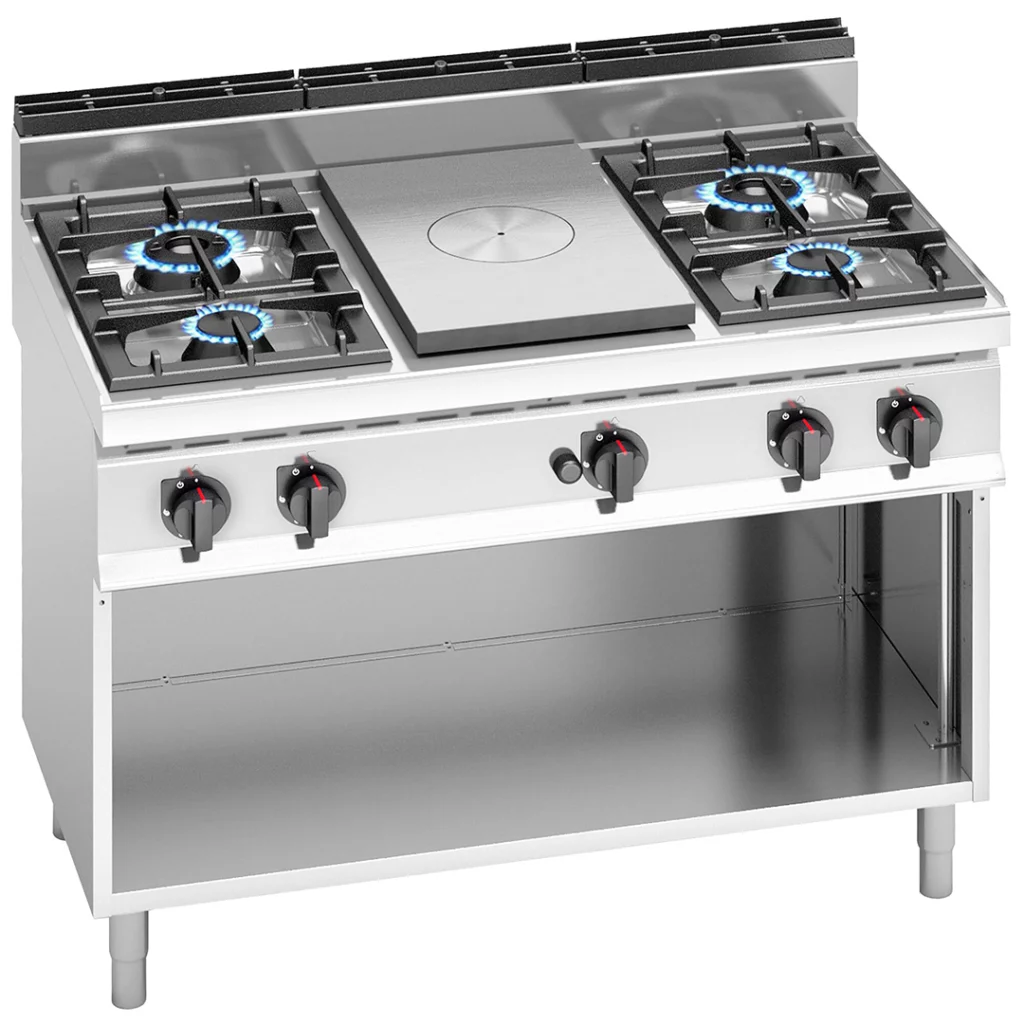 Fourneau à gaz 4 brûleurs avec plaque coup de feu - 28 kW - L 1200 x P 714 x H 1070 mm